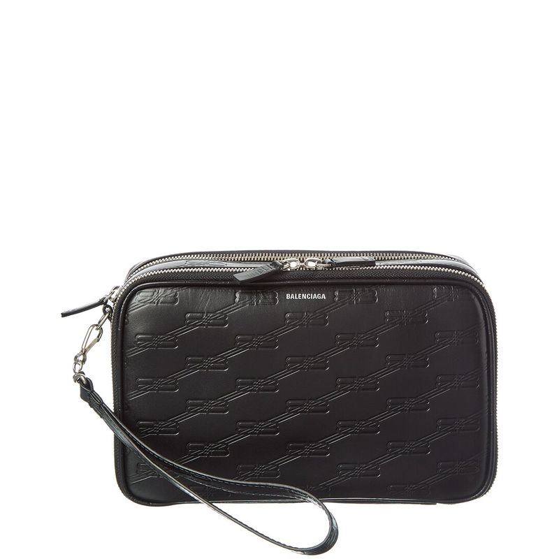 Balenciaga Signature Double Zip Leather Pouch, Black
